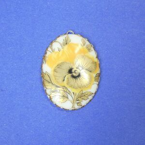 Milk Glass Pendant With Yellow Gold Pansy Flower Vintage White Opaque Oval
